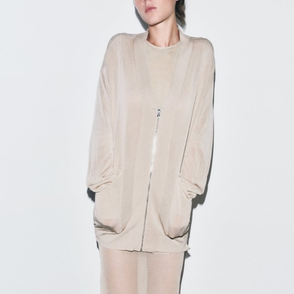 Zara semi- sheer knit bomber cardigan pearl grey NWT - Picture 1 of 6